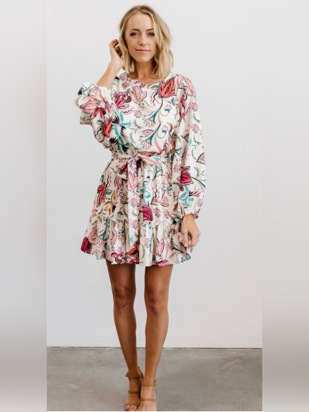 Baltic Born - Floral Tie-Waist Long Sleeve Mini Dress - Sz L